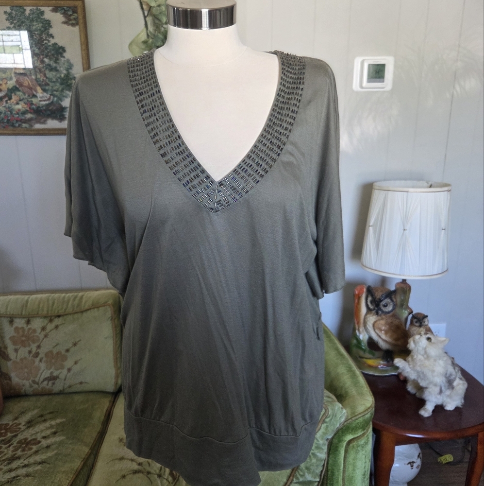 Kenneth Cole Reaction Beaded V-Neck Blouse - Green